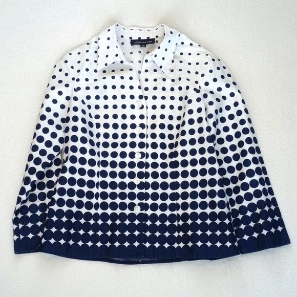 Jones New York White Navy Blue Polka Dot Mid-Century Modern 3/4 Sleeve Top P/S - Picture 11 of 12